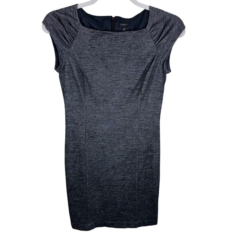 Ann Taylor Black Heather Square Neck Cap‎ Sleeve Wool Blend Dress Career Wear 10